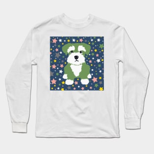 Green Miniature Schnauzer and Stars on Blue Background Long Sleeve T-Shirt